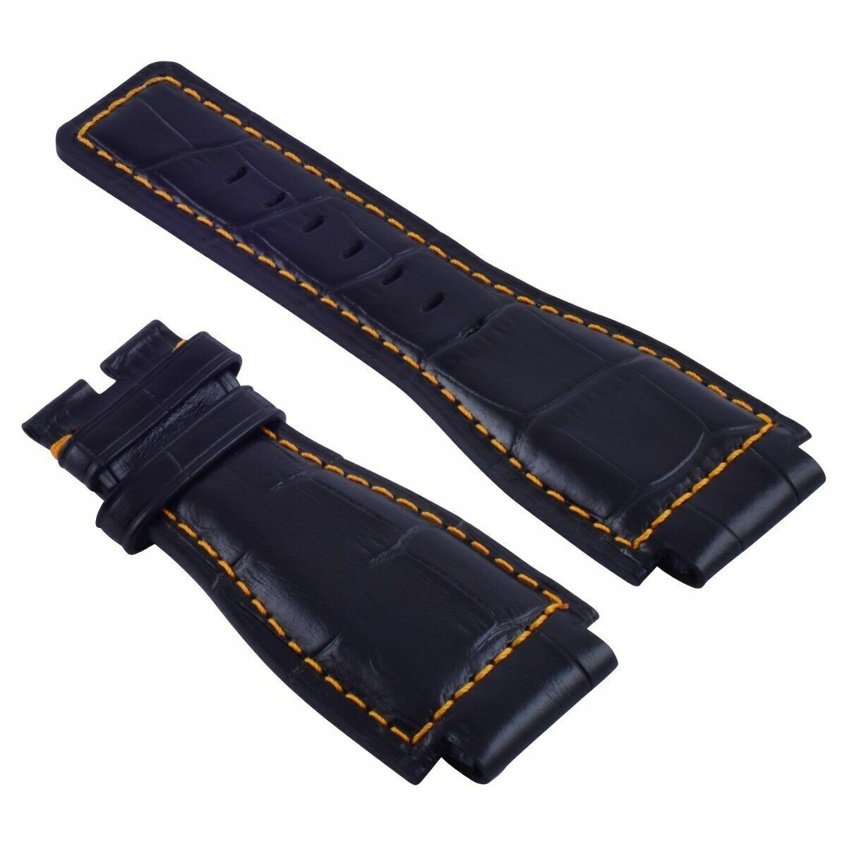 24MM LEATHER BAND STRAP FOR BELL & ROSS BR-01-03 WATCH BLUE ORANGE STITCHING