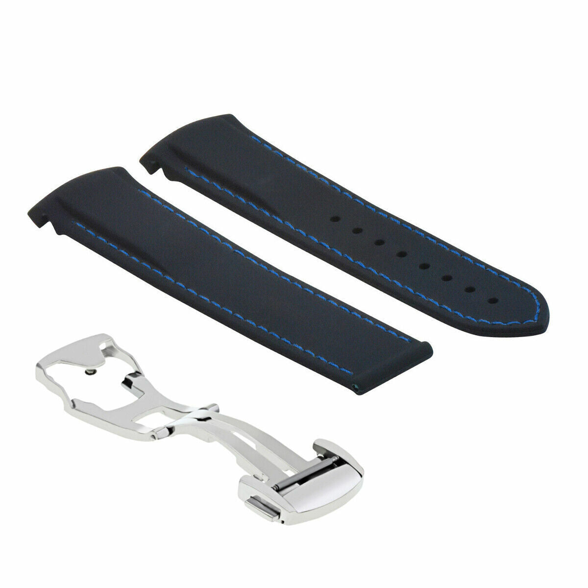 20MM RUBBER WATCH BAND STRAP CLASP FOR 41MM OMEGA SEAMASTER BLUE W/BLUE STITCH