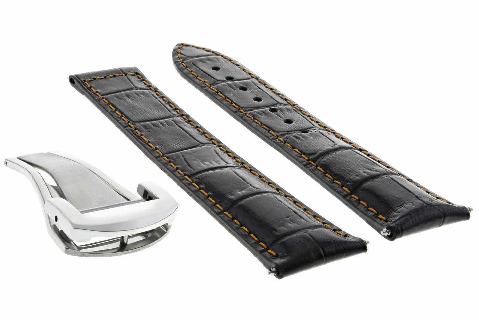 LEATHER STRAP BAND DEPLOYMENT CLASP FOR 22MM OMEGA PLANET OCEAN WATCH BLACK OS