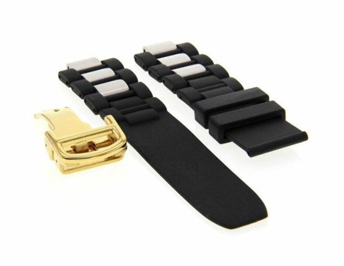 RUBBER + STEEL BAND FIT CARTIER 21 AUTOSCAPH CHRONOSCAPH WATCH BLACK GOLD CLASP