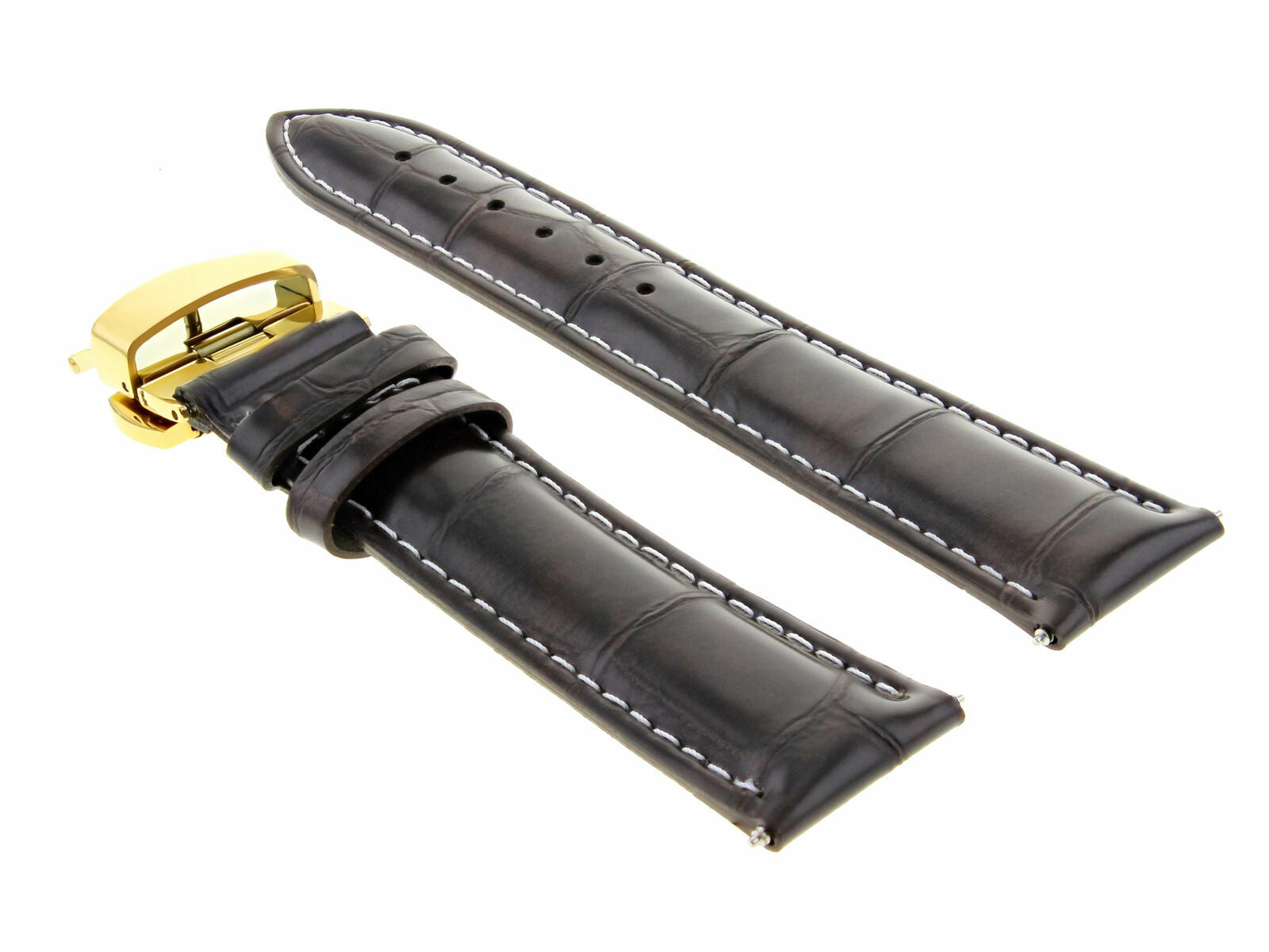 22MM LEATHER STRAP BAND FOR BAUME MERCIER D/BROWN DEPLOYMENT BUCKLE CLASP GOLD