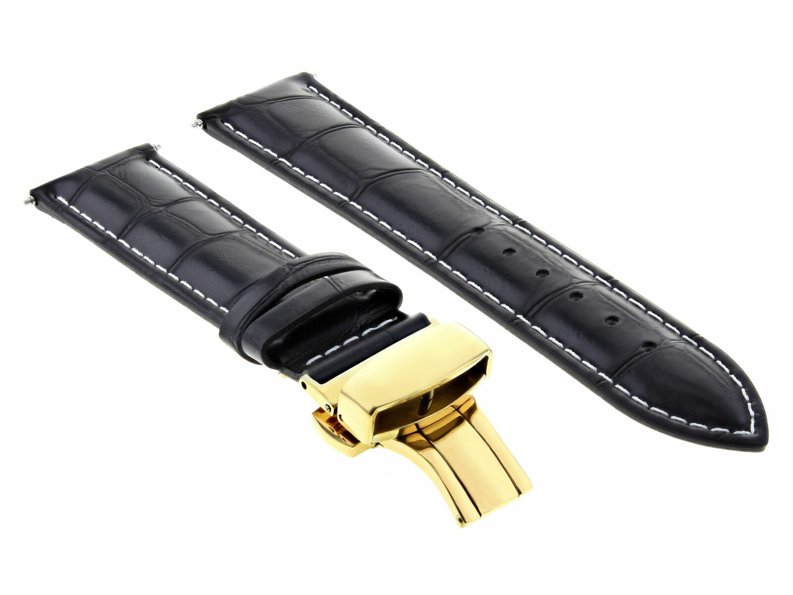 18MM LEATHER BAND STRAP DEPLOYMENT CLASP FOR BAUME MERCIER WATCH BLACK WS GOLD