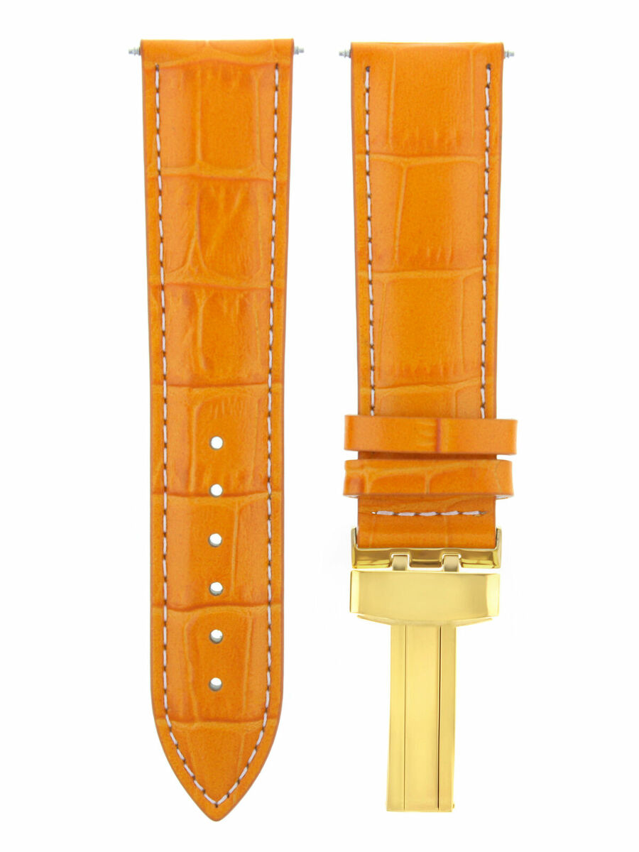 19MM LEATHER STRAP BAND FOR BAUME MERCIER WATCH DEPLOYMENT BUCKLE ORANGE GOLD