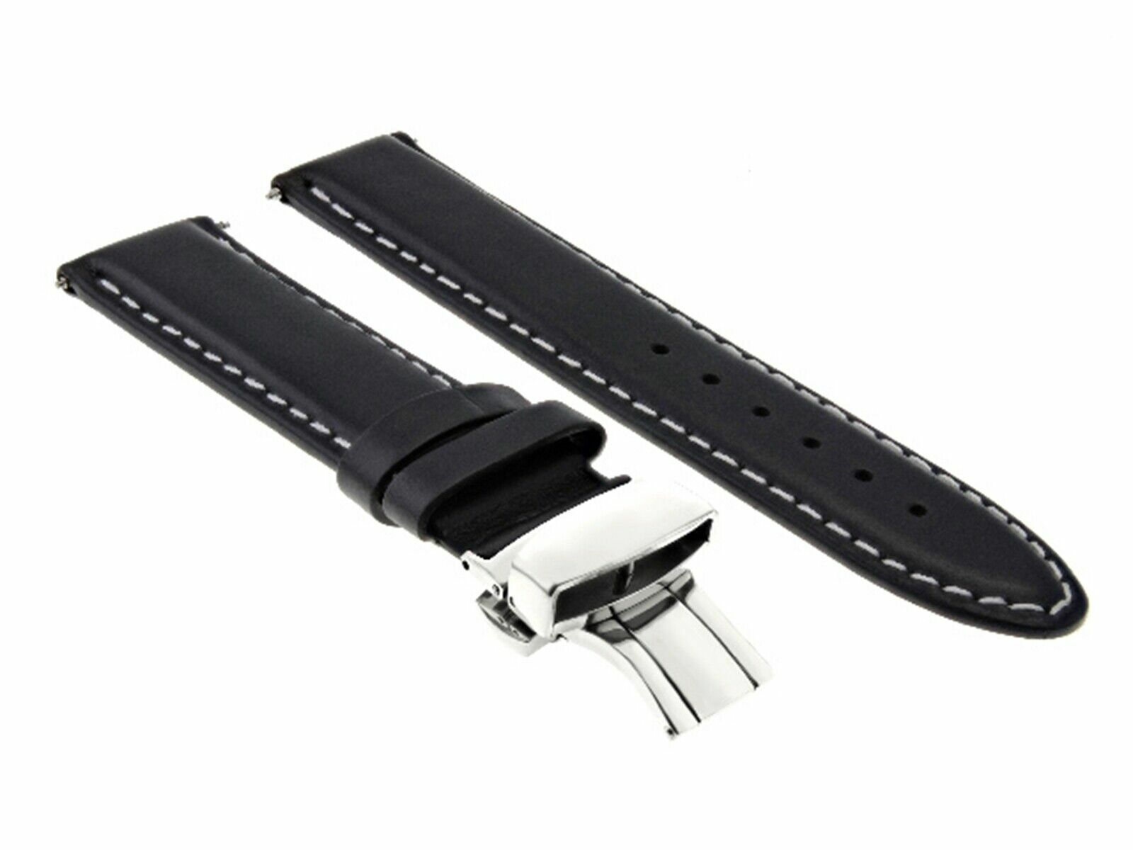 22MM SMOOTH LEATHER WATCH BAND DEPLOYMENT BUCKLE CLASP STRAP FOR OMEGA BLACK WS
