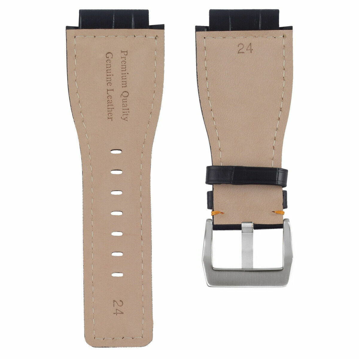 24MM LEATHER WATCH BAND STRAP FOR BELL & ROSS BR-01-BR-03 WATCH BLACK ORANGE ST