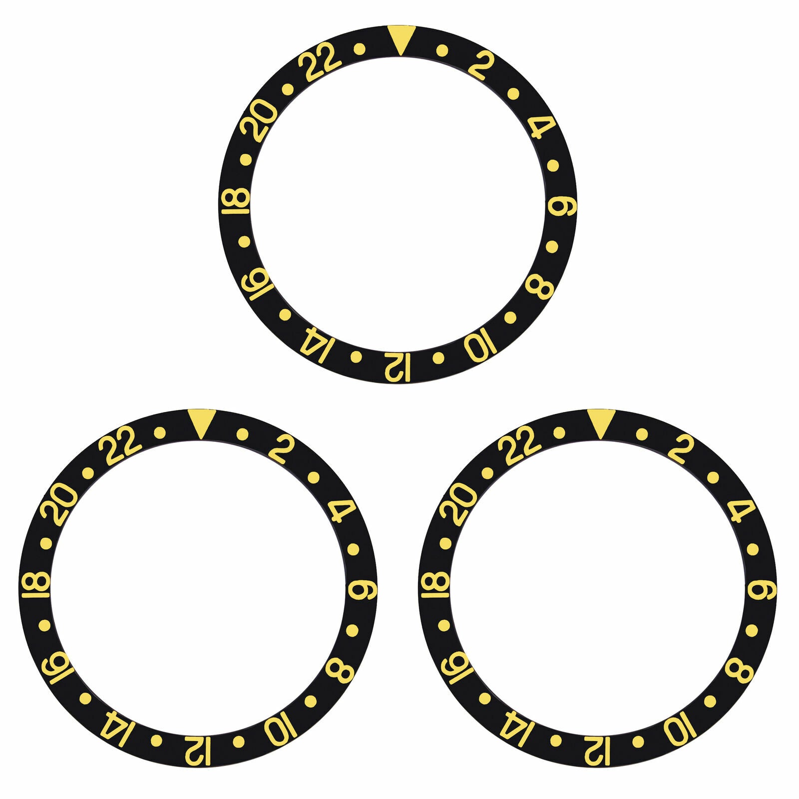 3 BEZEL INSERT ALUMINUM FOR ROLEX GMT WATCH 1675, 16750, 16753, GOLD FONTS BLACK