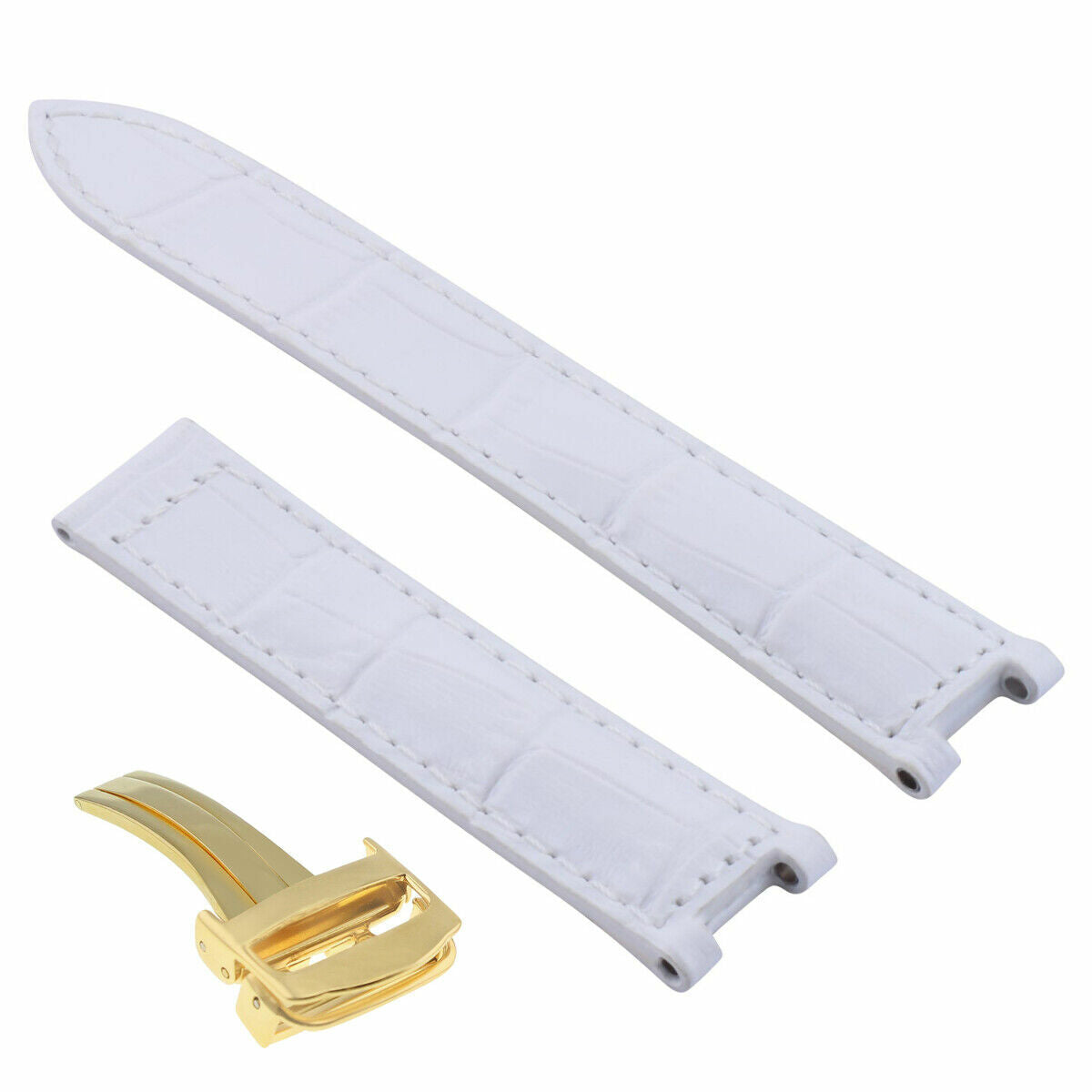 LEATHER WATCH STRAP BAND FIT CARTIER PASHA 20MM WHITE DEPLOYMENT CLASP GOLD