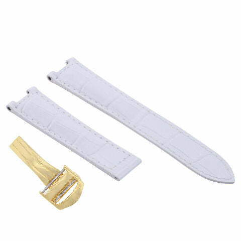 LEATHER WATCH STRAP BAND FIT CARTIER PASHA 20MM WHITE DEPLOYMENT CLASP GOLD