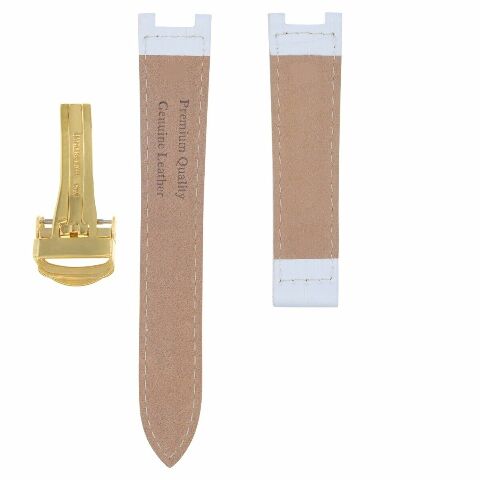 LEATHER WATCH STRAP BAND FIT CARTIER PASHA 20MM WHITE DEPLOYMENT CLASP GOLD