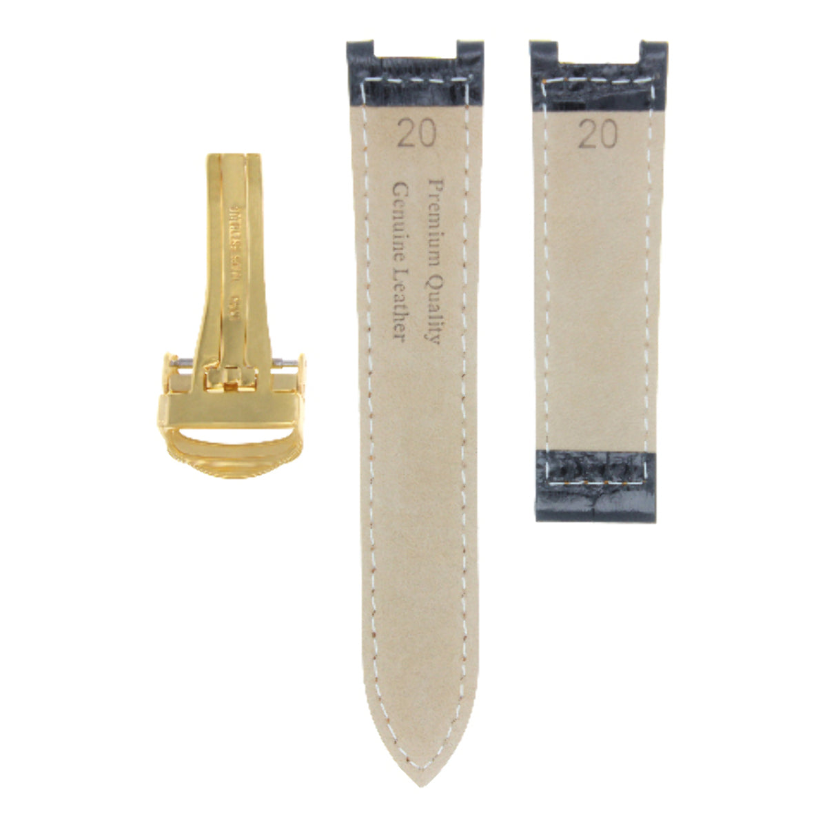 LEATHER WATCH BAND STRAP FOR CARTIER PASHA WATCH 20MM DEPLOY CLASP BLACK WS GOLD