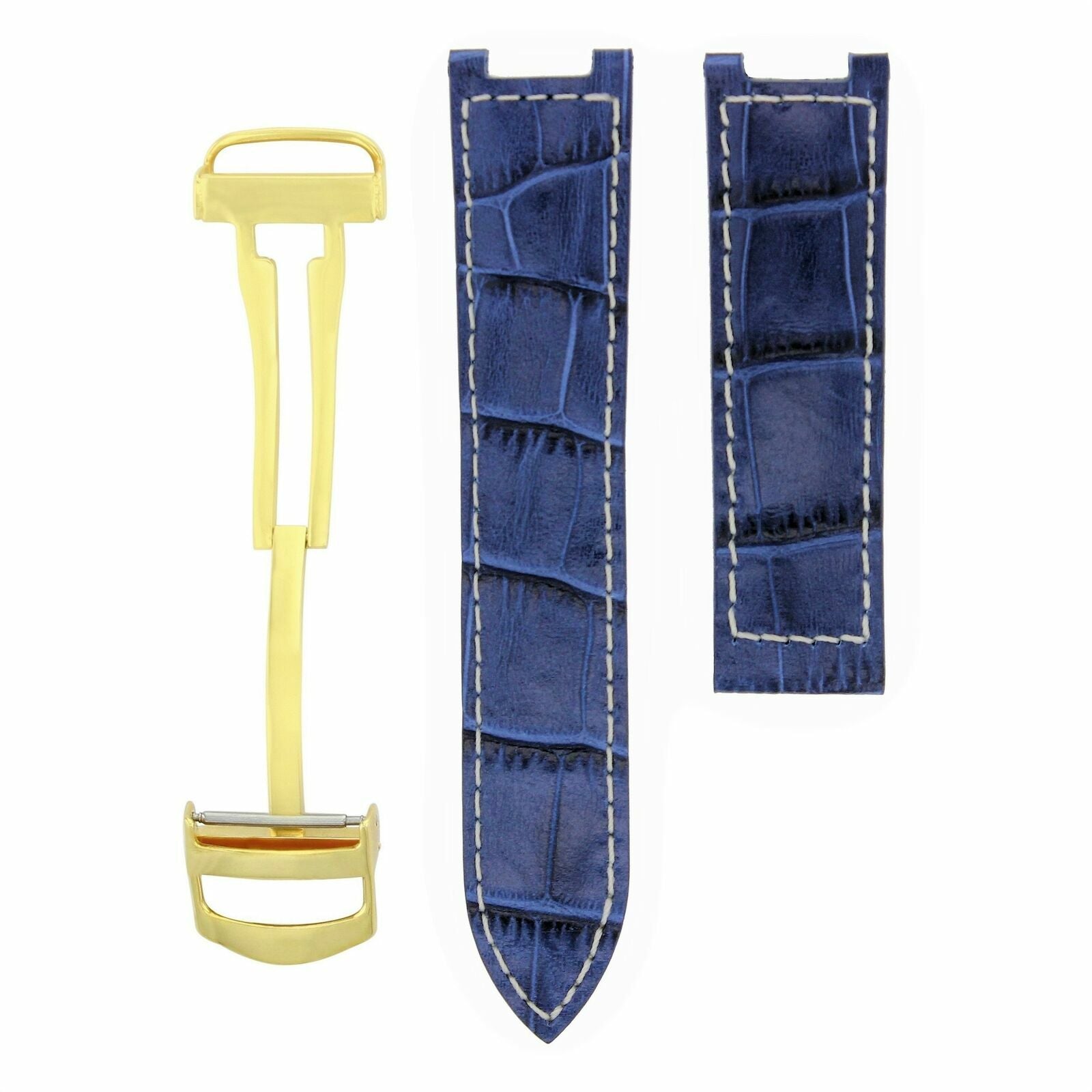 LEATHER WATCH STRAP BAND FIT CARTIER PASHA 20MM  DEPLOYMENT CLASP BLUE WS GOLD