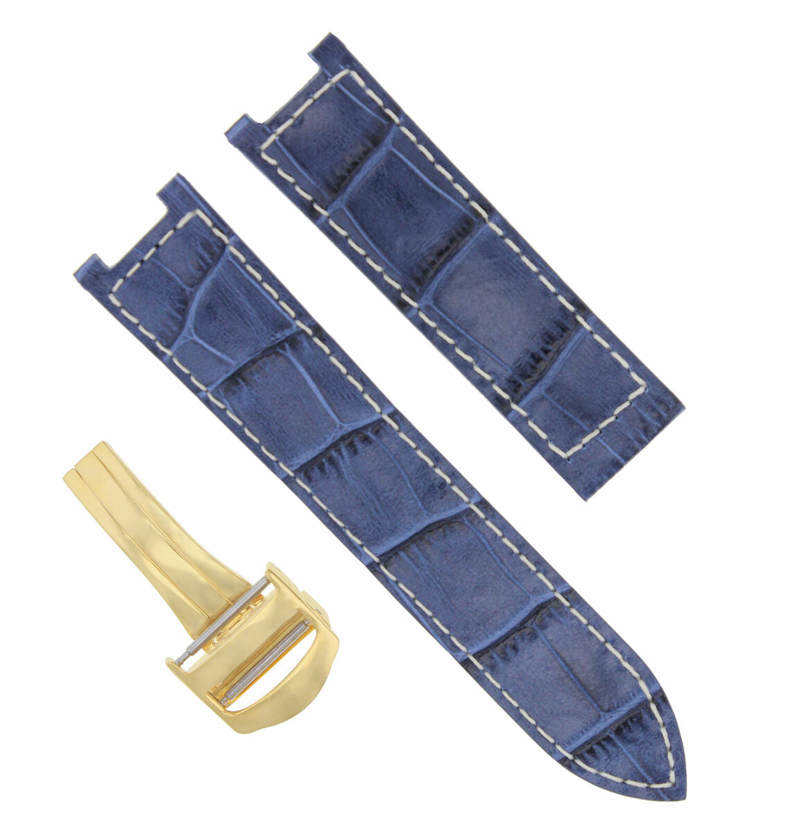 LEATHER WATCH STRAP BAND FIT CARTIER PASHA 20MM  DEPLOYMENT CLASP BLUE WS GOLD