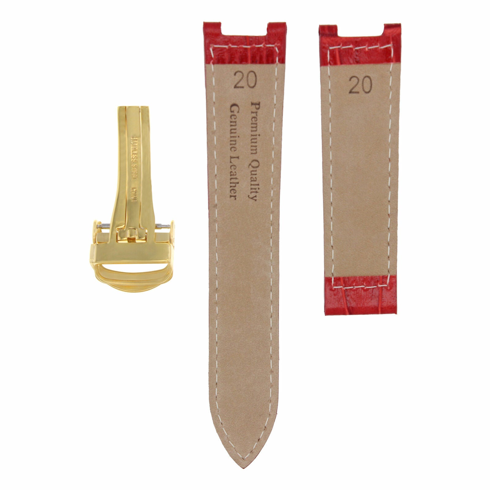 LEATHER WATCH STRAP BAND DEPLOYMENT CLASP FIT CARTIER PASHA WATCH 20MM RED GOLD