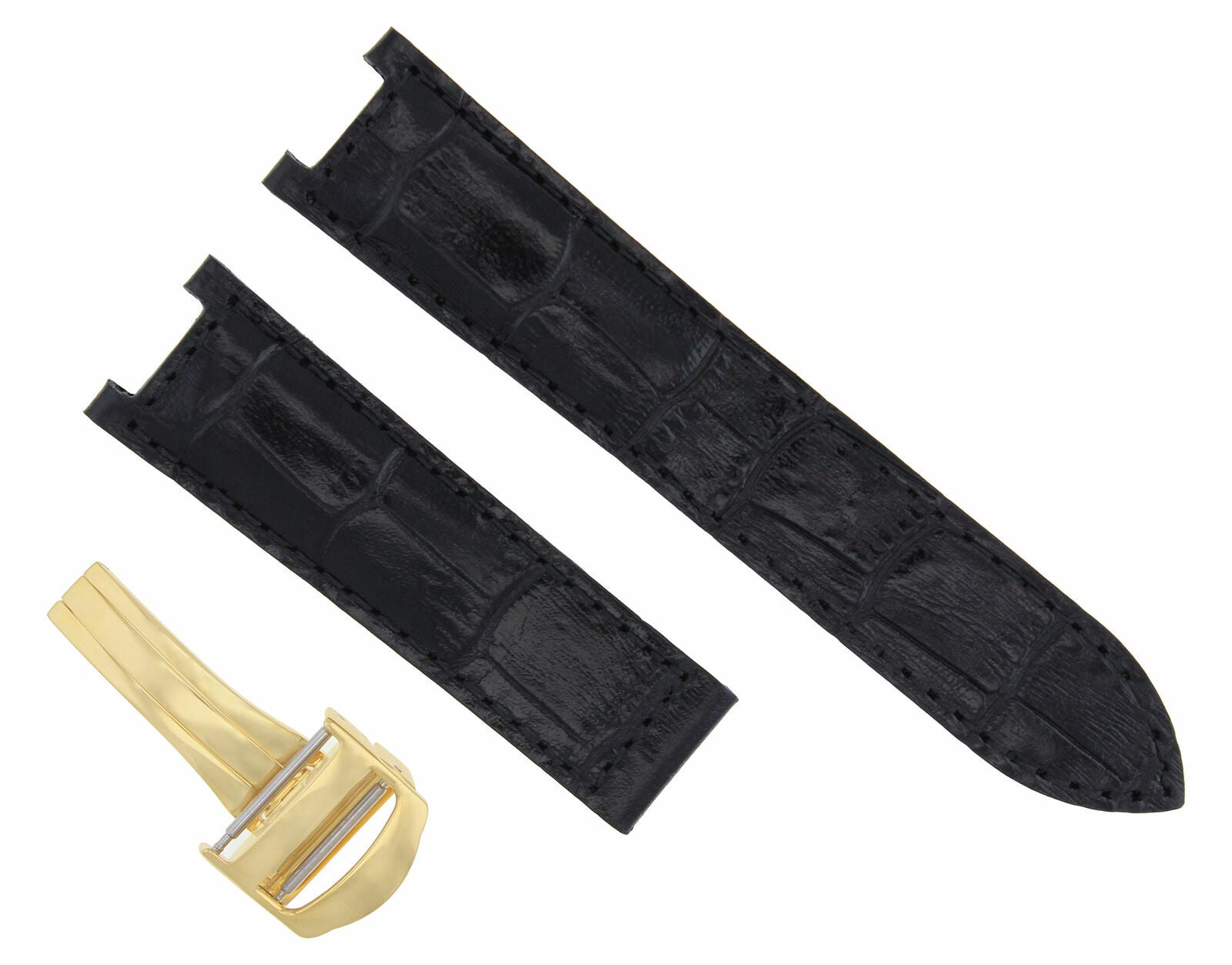 LEATHER BAND STRAP DEPLOYMENT CLASP FOR FIT CARTIER PASHA 2475 18MM BLACK GOLD