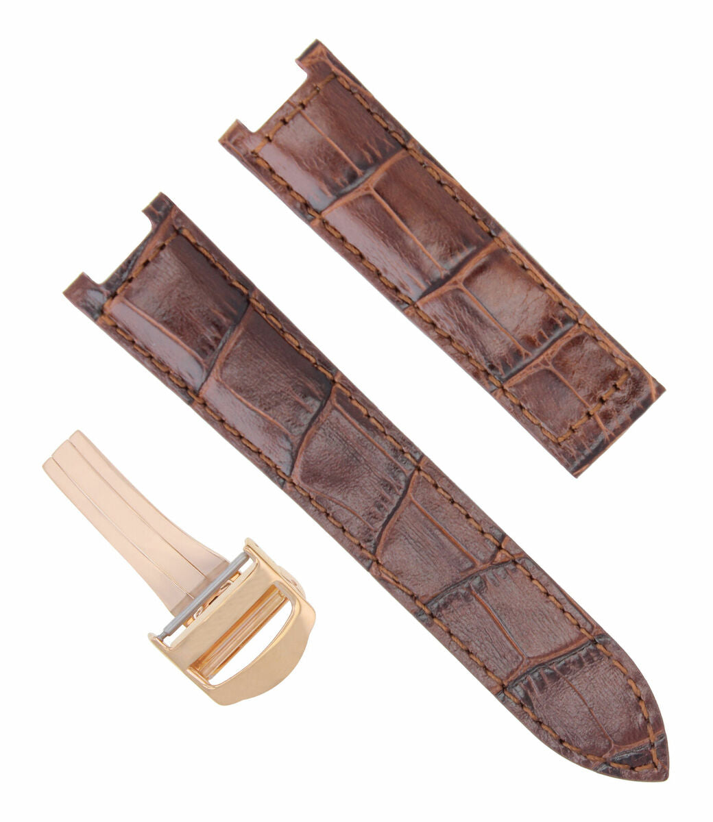 LEATHER WATCH BAND STRAP FOR CARTIER PASHA 18MM BROWN  DEPLOYMENT CLASP ROSE