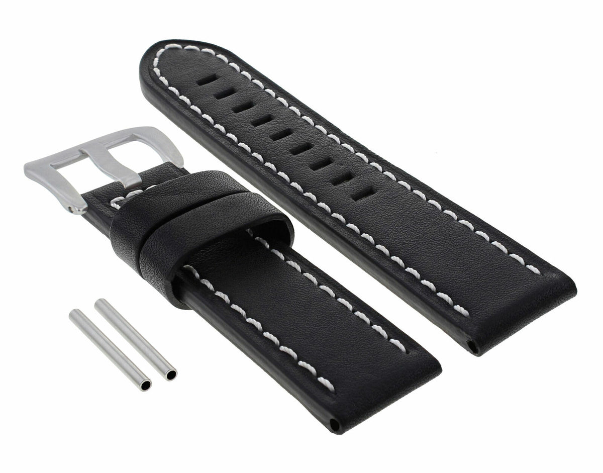24MM REPLACEMENT COW LEATHER WATCH BAND STRAP FOR BIG PAM PANERAI MARINA LUMINOR, Black with White Stitching, view 2