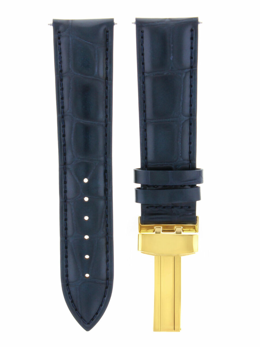 18MM LEATHER WATCH BAND STRAP DEPLOYMENT CLASP BUCKLE FOR OMEGA DARK BLUE GOLD