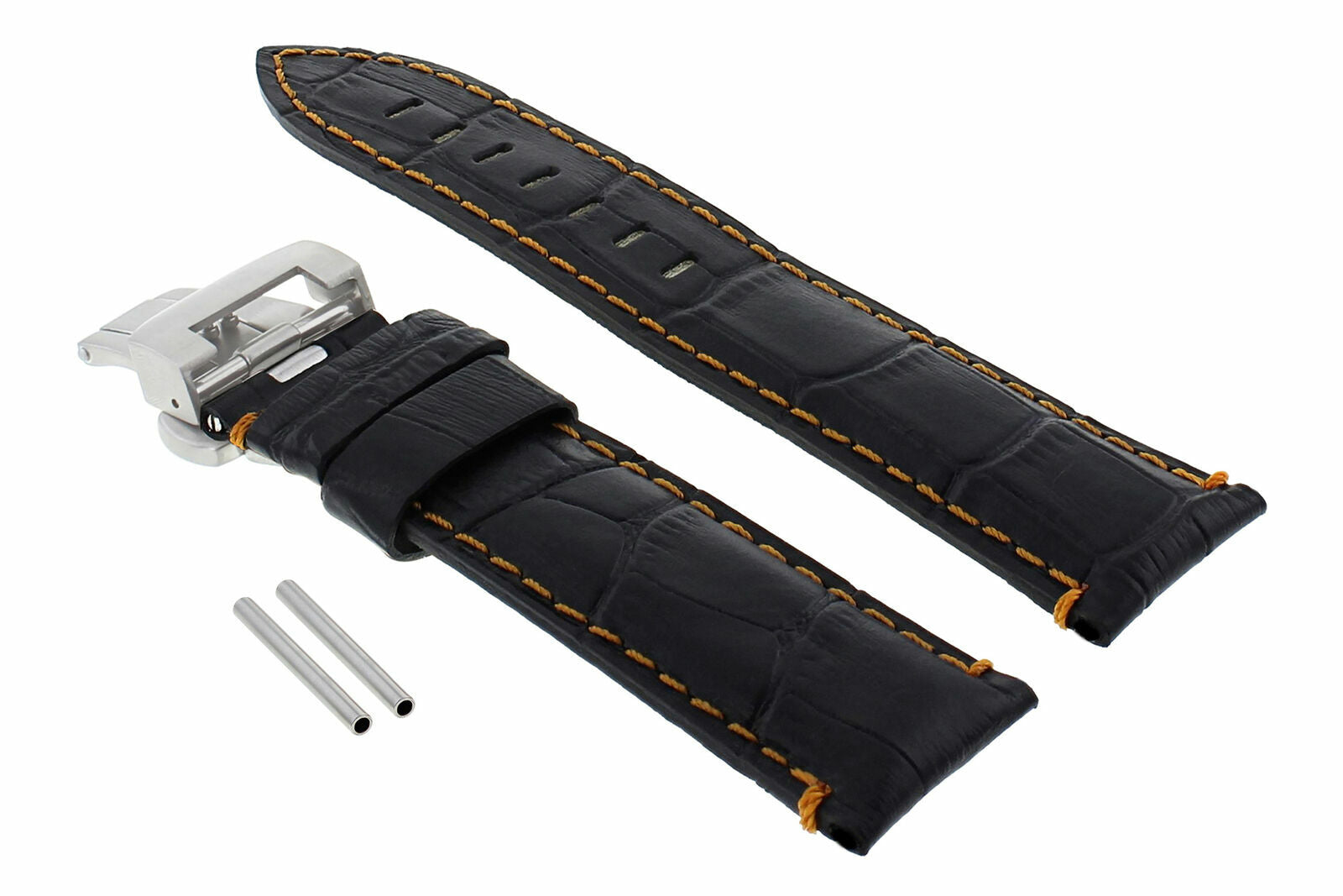 22MM LEATHER STRAP BAND DEPLOYMENT BUCKLE FOR PANERAI 111, 119, 244 BLACK ORANGE