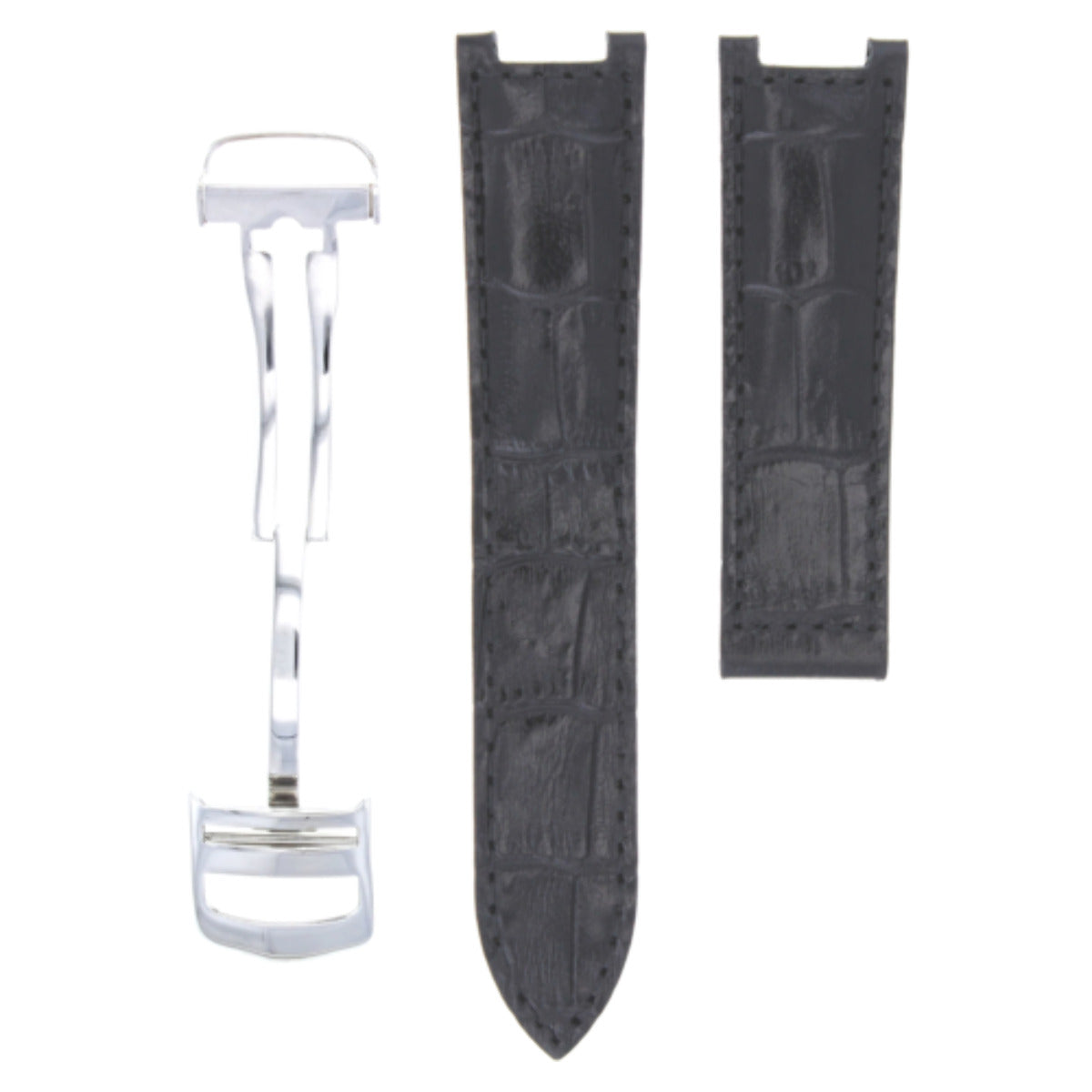 GENUINE LEATHER BAND STRAP DEPLOYMENT CLASP FIT FOR CARTIER PASHA 18MM BLACK SS