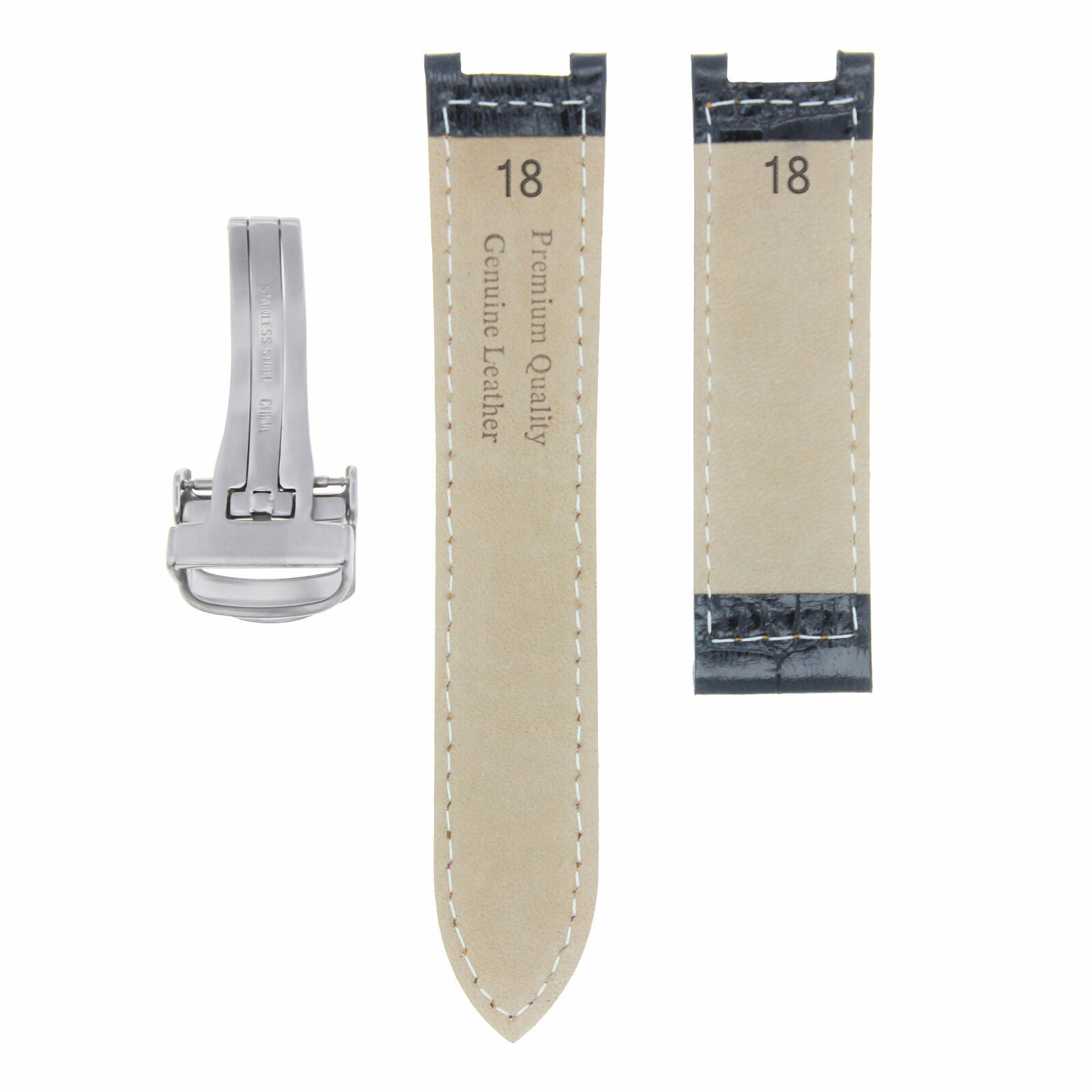 GENUINE LEATHER BAND STRAP DEPLOYMENT CLASP FIT FOR CARTIER PASHA 18MM BLACK SS