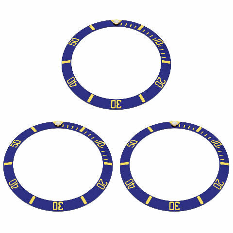 3 BEZEL INSERT ALUMINUM FOR ROLEX SUBMARINER BLUE 16800 16808 16818 GOLD FONT