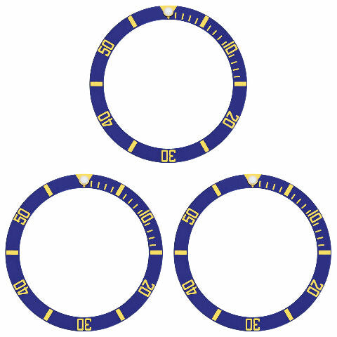 3 BEZEL INSERT ALUMINUM FOR ROLEX SUBMARINER BLUE 16800 16808 16818 GOLD FONT