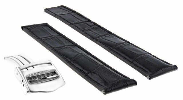 18MM LEATHER BAND STRAP FOR CARTIER TANK DEPLOYMENT CLASP 18/16MM BLACK SILVER