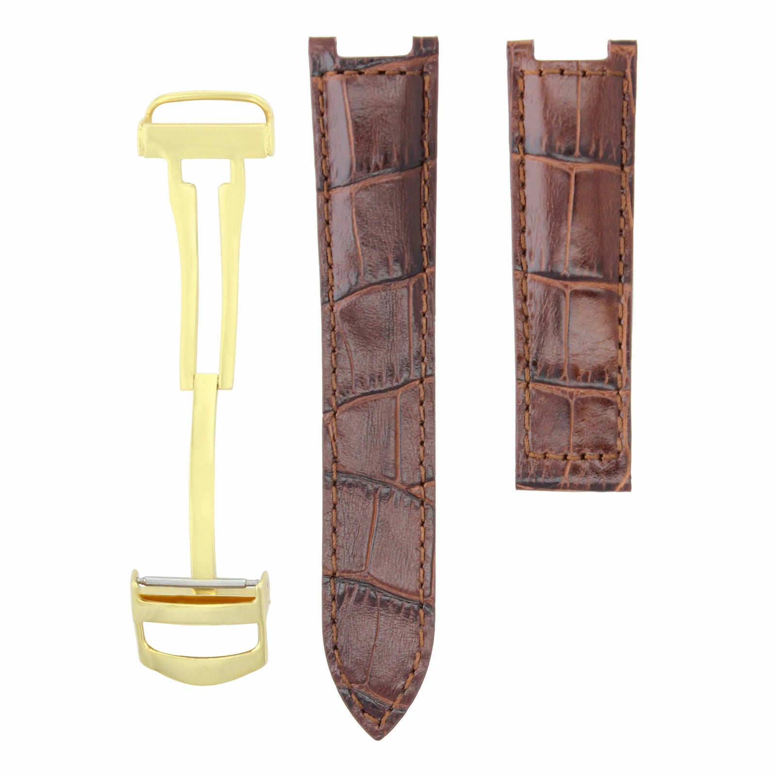 LEATHER WATCH BAND STRAP FOR CARTIER PASHA 20MM BROWN  DEPLOYMENT CLASP GOLD