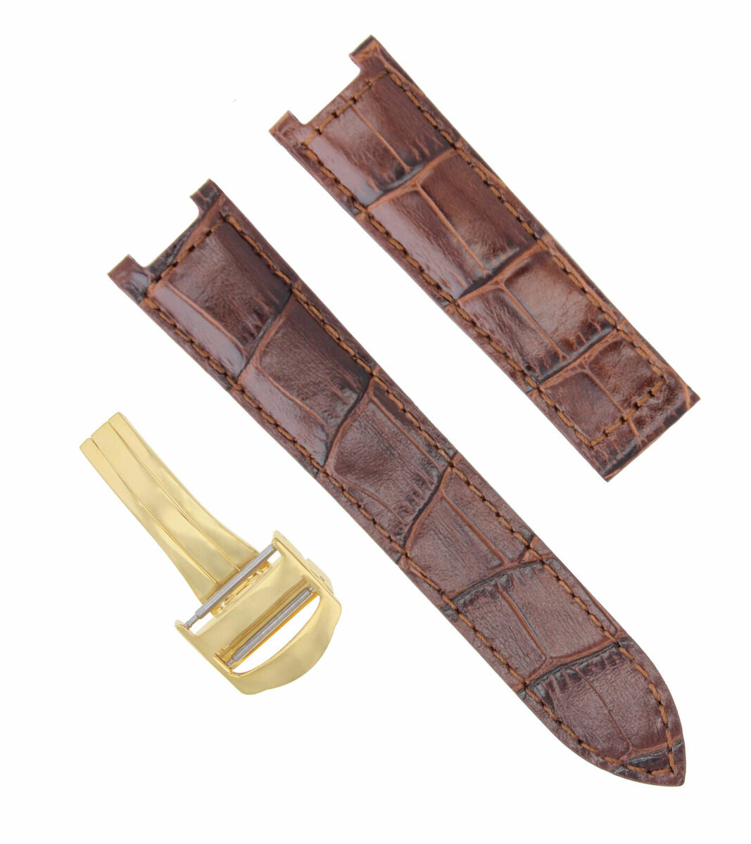 LEATHER WATCH BAND STRAP FOR CARTIER PASHA 20MM BROWN  DEPLOYMENT CLASP GOLD