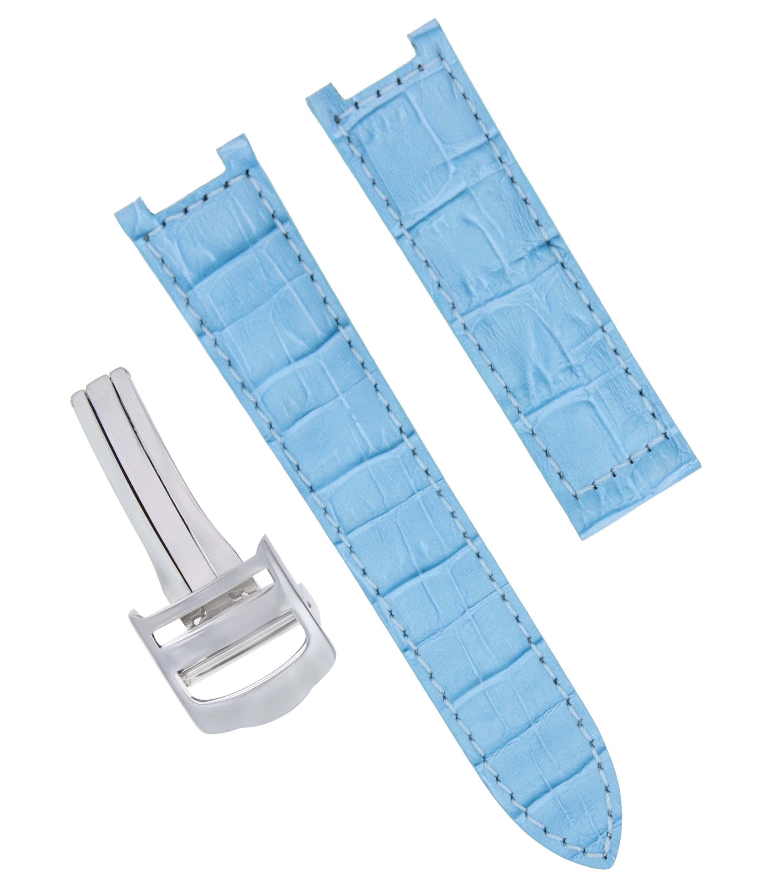 LEATHER WATCH STRAP BAND DEPLOYMENT CLASP FOR CARTIER PASHA 20MM L/BLUE S/STEEL