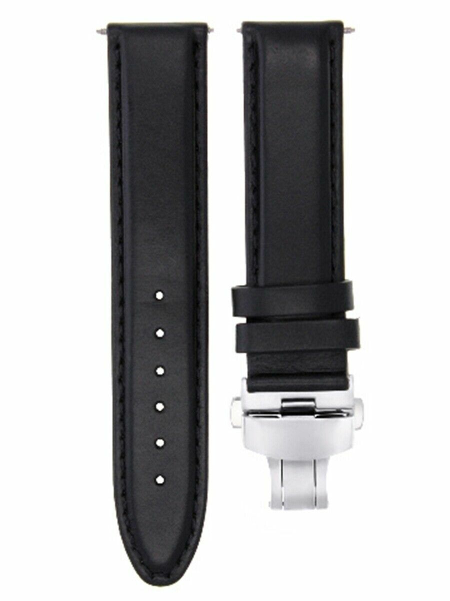 22MM GENUINE SMOOTH LEATHER WATCH BAND STRAP DEPLOYMENT BUCKLE  FOR OMEGA BLACK