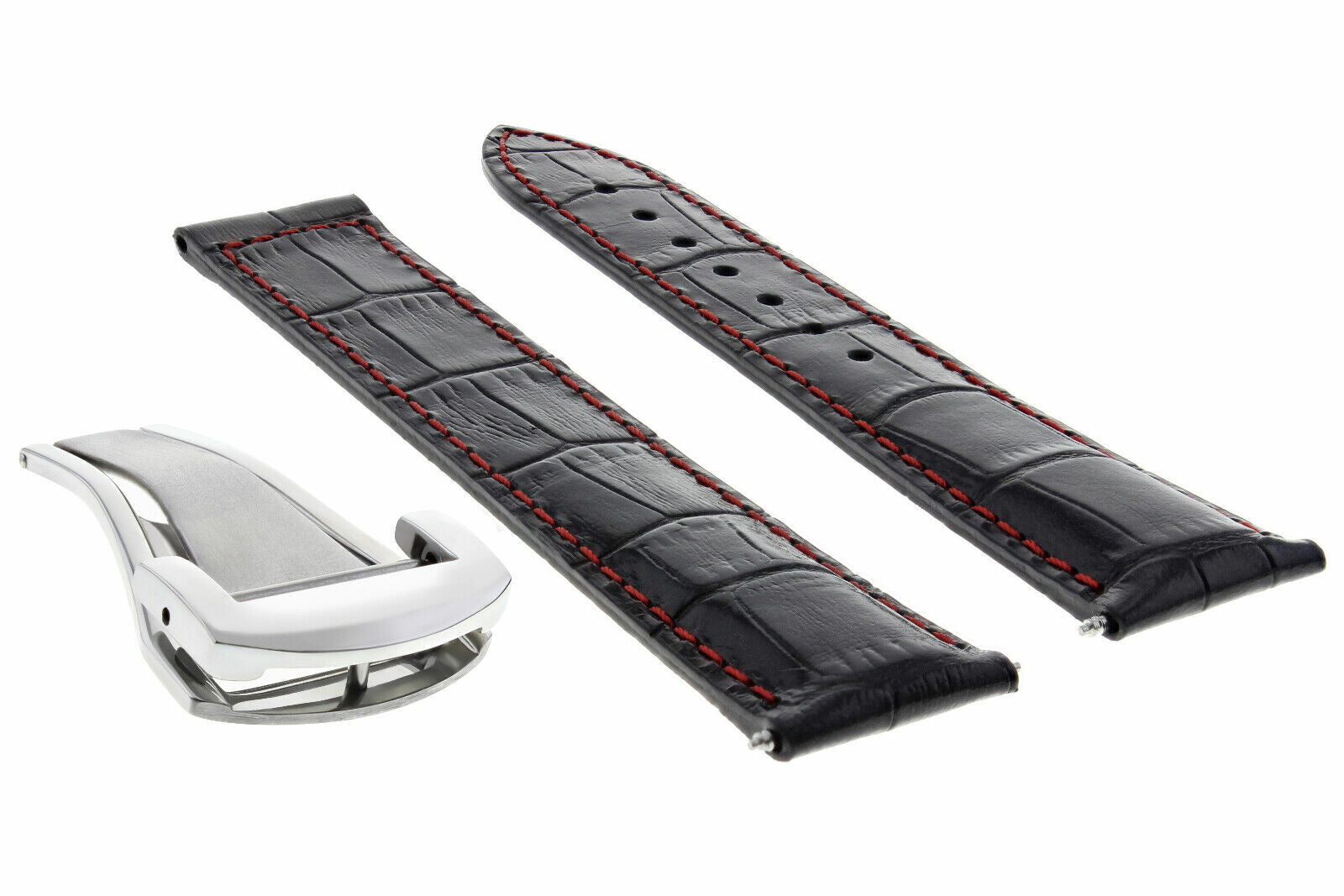 LEATHER STRAP BAND CLASP FOR 20MM OMEGA SEAMASTER PLANET OCEAN BLACK RED STITCH