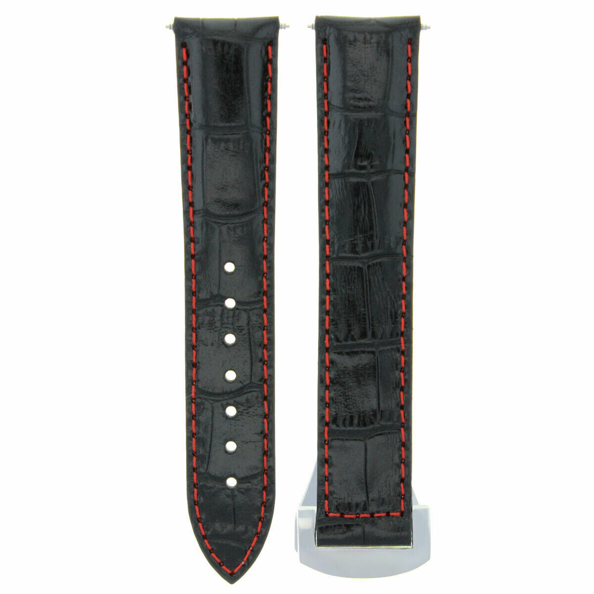 LEATHER STRAP BAND CLASP FOR 20MM OMEGA SEAMASTER PLANET OCEAN BLACK RED STITCH