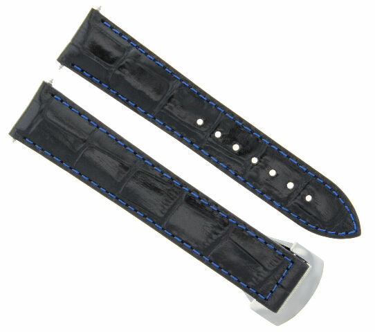 20MM LEATHER STRAP BAND FOR 41MM OMEGA SEAMASTER PLANET OCEAN BLACK BLUE STITCH