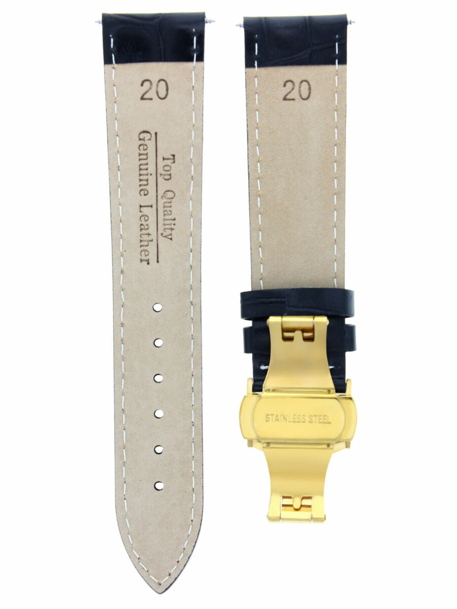 20MM LEATHER BAND STRAP DEPLOYMENT CLASP FOR OMEGA DE VILLE  WATCH BLACK WS GOLD