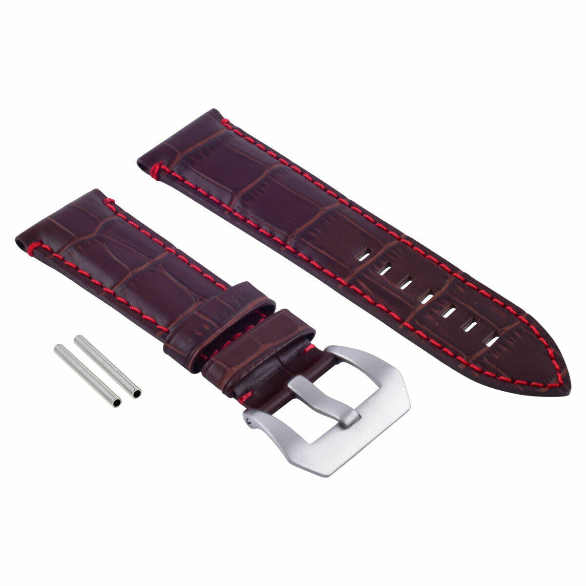 24MM GENUINE LEATHER WATCH BAND STRAP FOR LUM-TEC WATCH BROWN RED STITCH