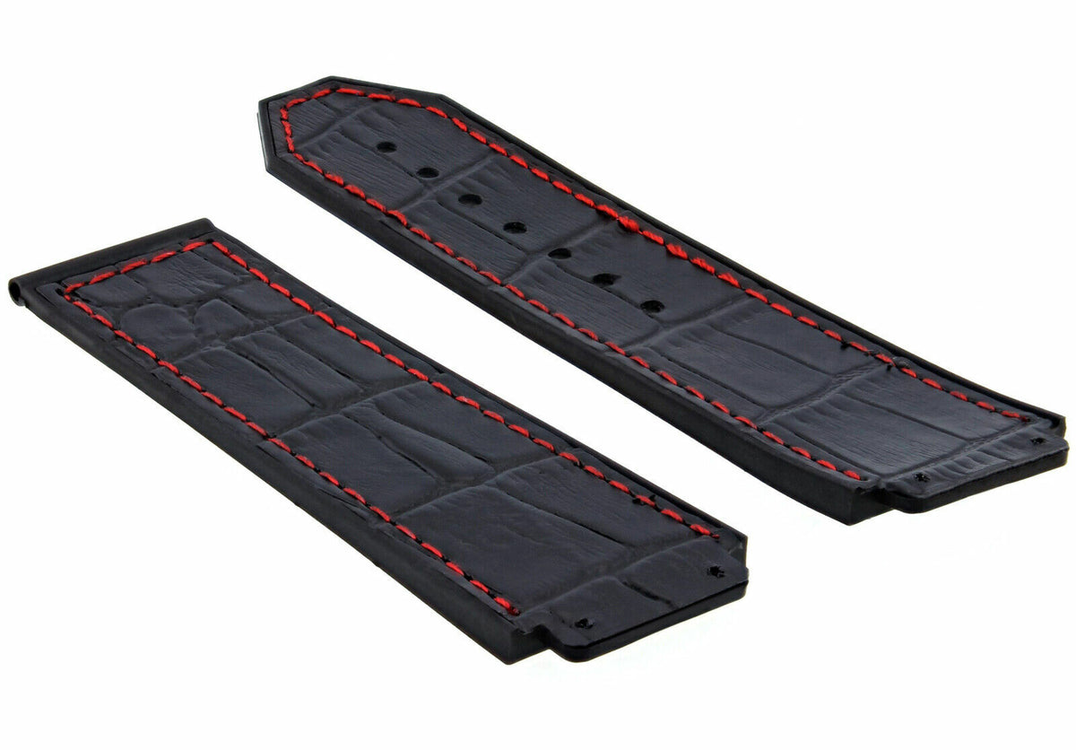 24MM ALLIGATOR LEATHER RUBBER BAND STRAP FOR HUBLOT BANG CLASP 4 SCREW S/DRIVER - Bracelet Band, Black with Red Stitching, view 2