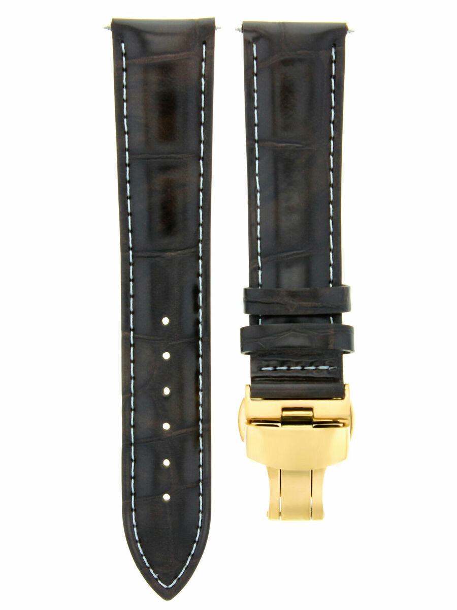 20MM LEATHER BAND STRAP DEPLOYMENT CLASP BRACELET FOR MOVADO DARK BROWN WS GOLD