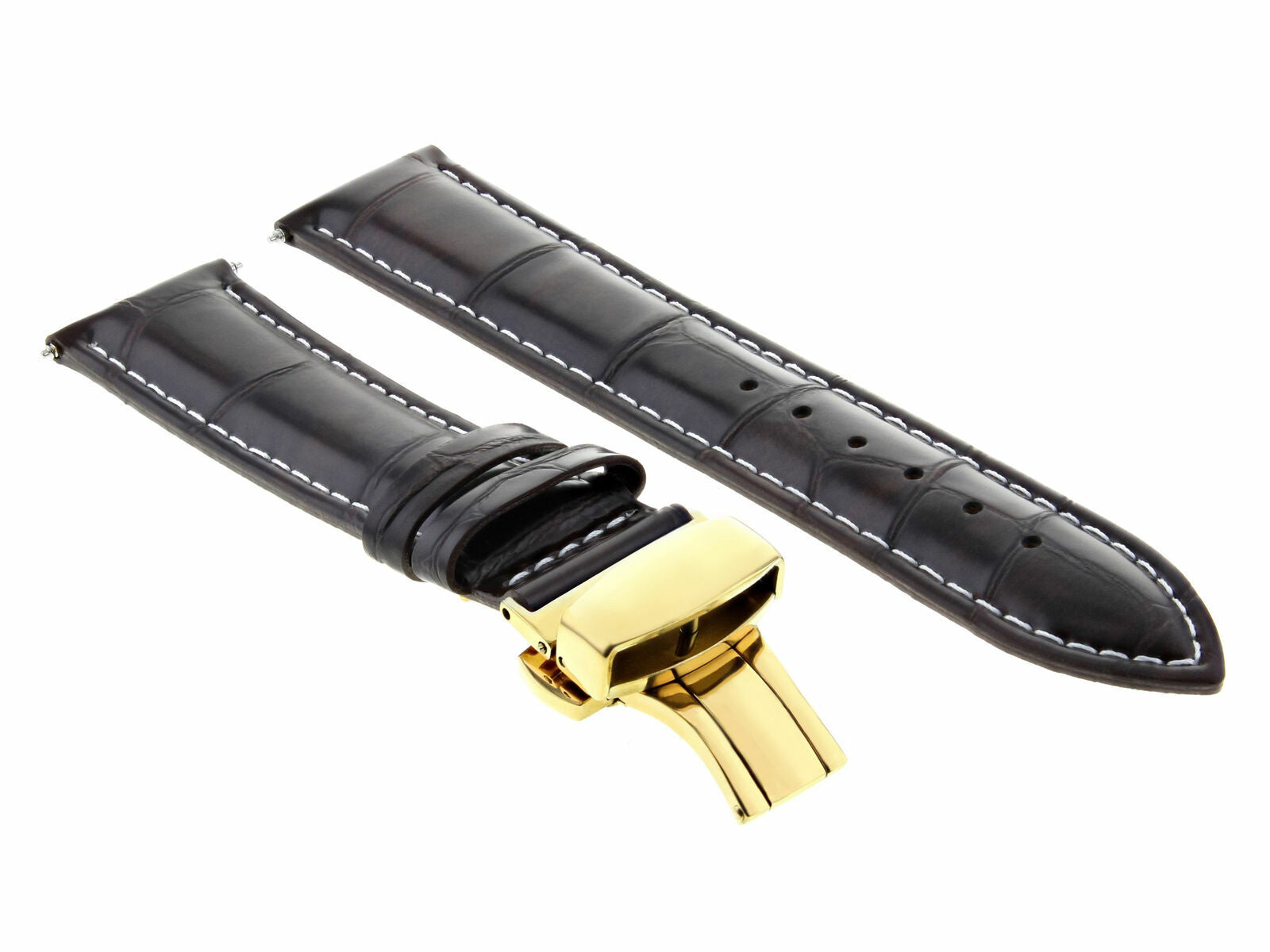 20MM LEATHER BAND STRAP DEPLOYMENT CLASP BRACELET FOR MOVADO DARK BROWN WS GOLD