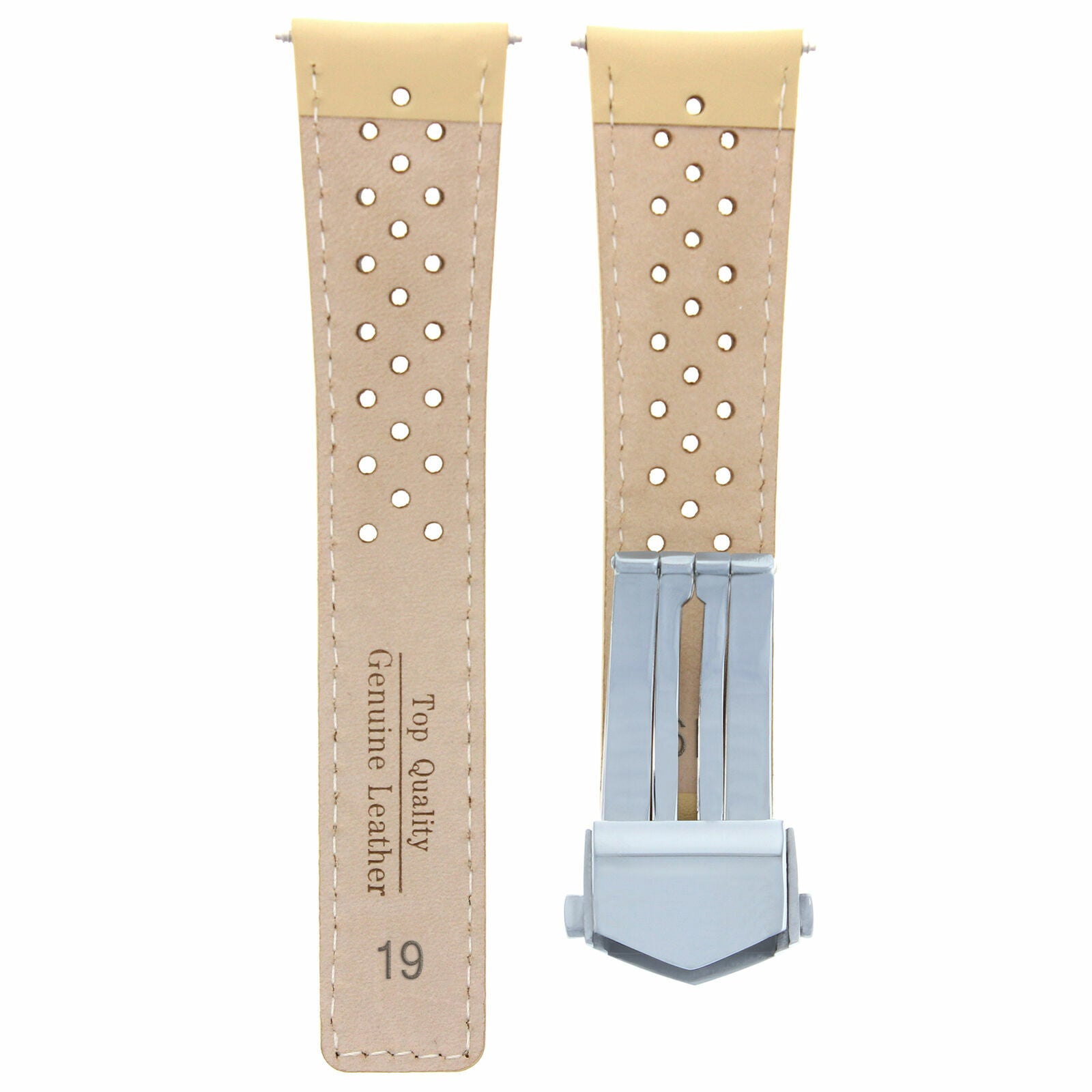 LEATHER WATCH BAND 19MM FOR TAG HEUER CARRERA  DEPLOY CLASP BEIGE BK PERFORAT