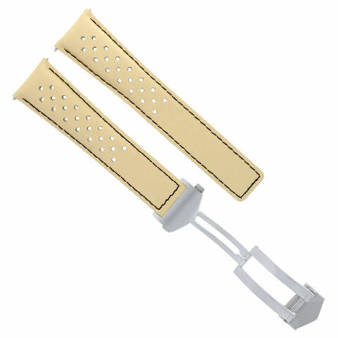 LEATHER WATCH BAND 19MM FOR TAG HEUER CARRERA  DEPLOY CLASP BEIGE BK PERFORAT