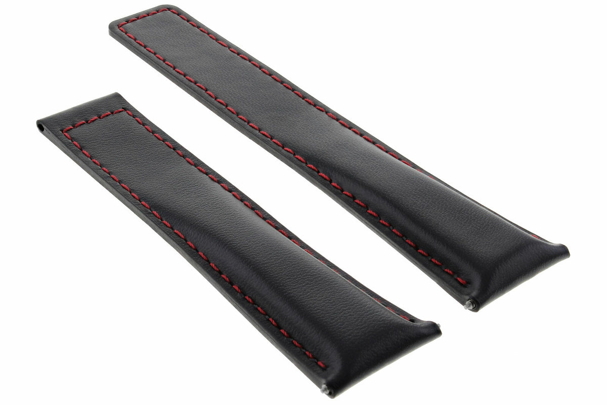 20/16MM LEATHER WATCH STRAP BAND UNIVERSAL MADE WITH GENUINE ITALIAN LEATHER, Black with Red Stitching, view 2