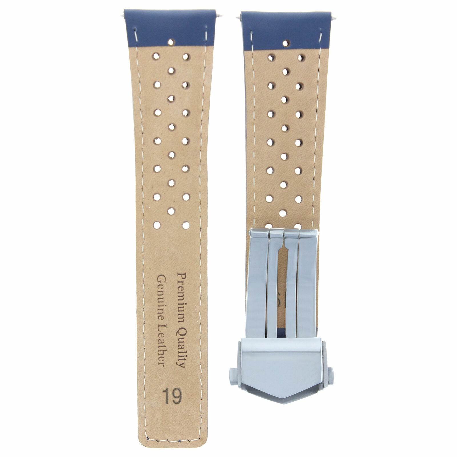 LEATHER WATCH STRAP DEPLOYMENT 19MM FOR TAG CARRERA WV211B BLUE WS PERFORAT
