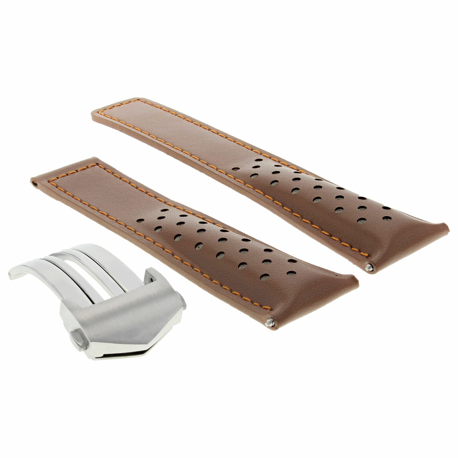 LEATHER WATCH BAND CLASP 19MM FOR TAG HEUER CARRERA TWIN TIME TAN OS PERFORAT