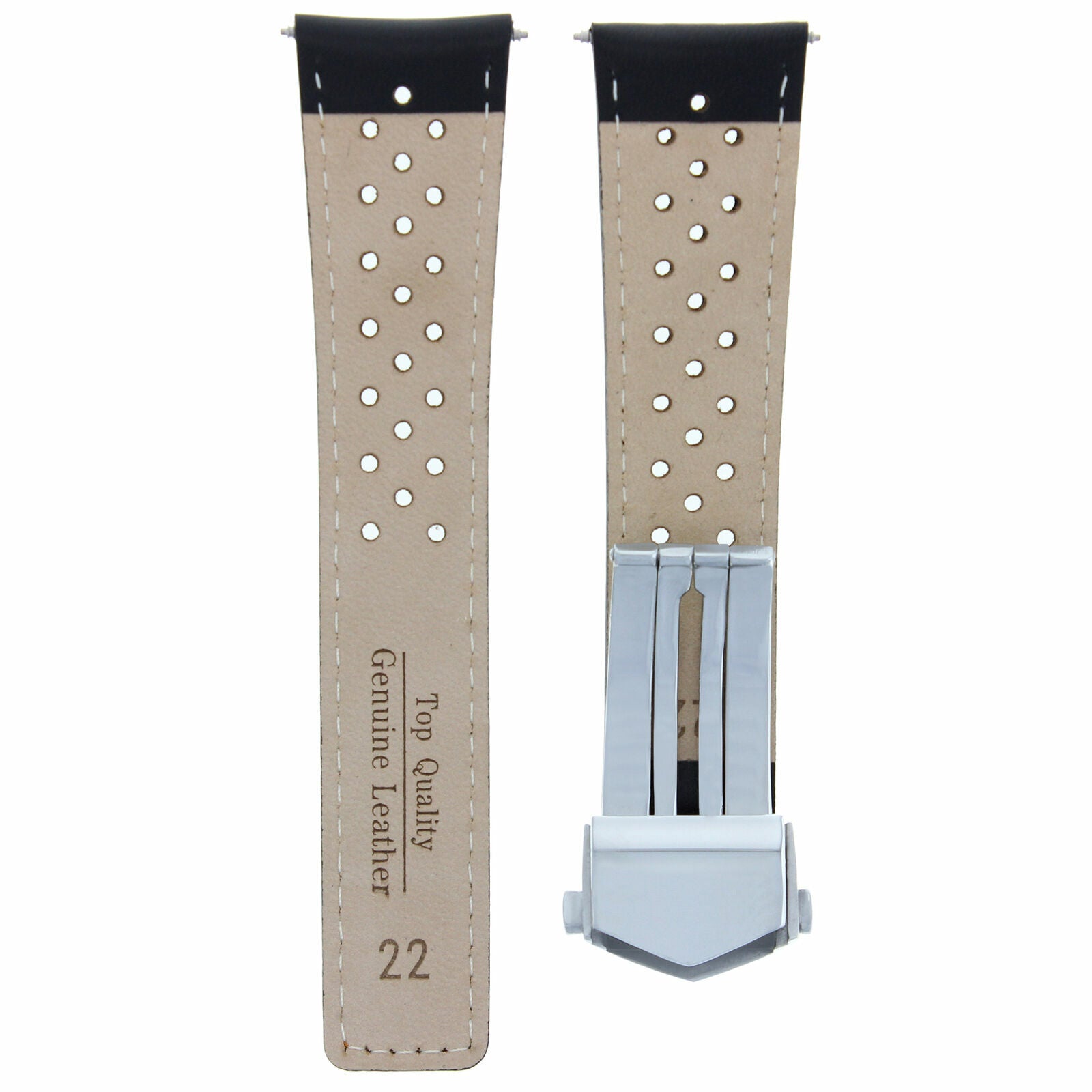 LEATHER BAND STRAP CLASP 22MM FOR TAG HEUER MONACO CARRERA BLACK OS PERFORAT