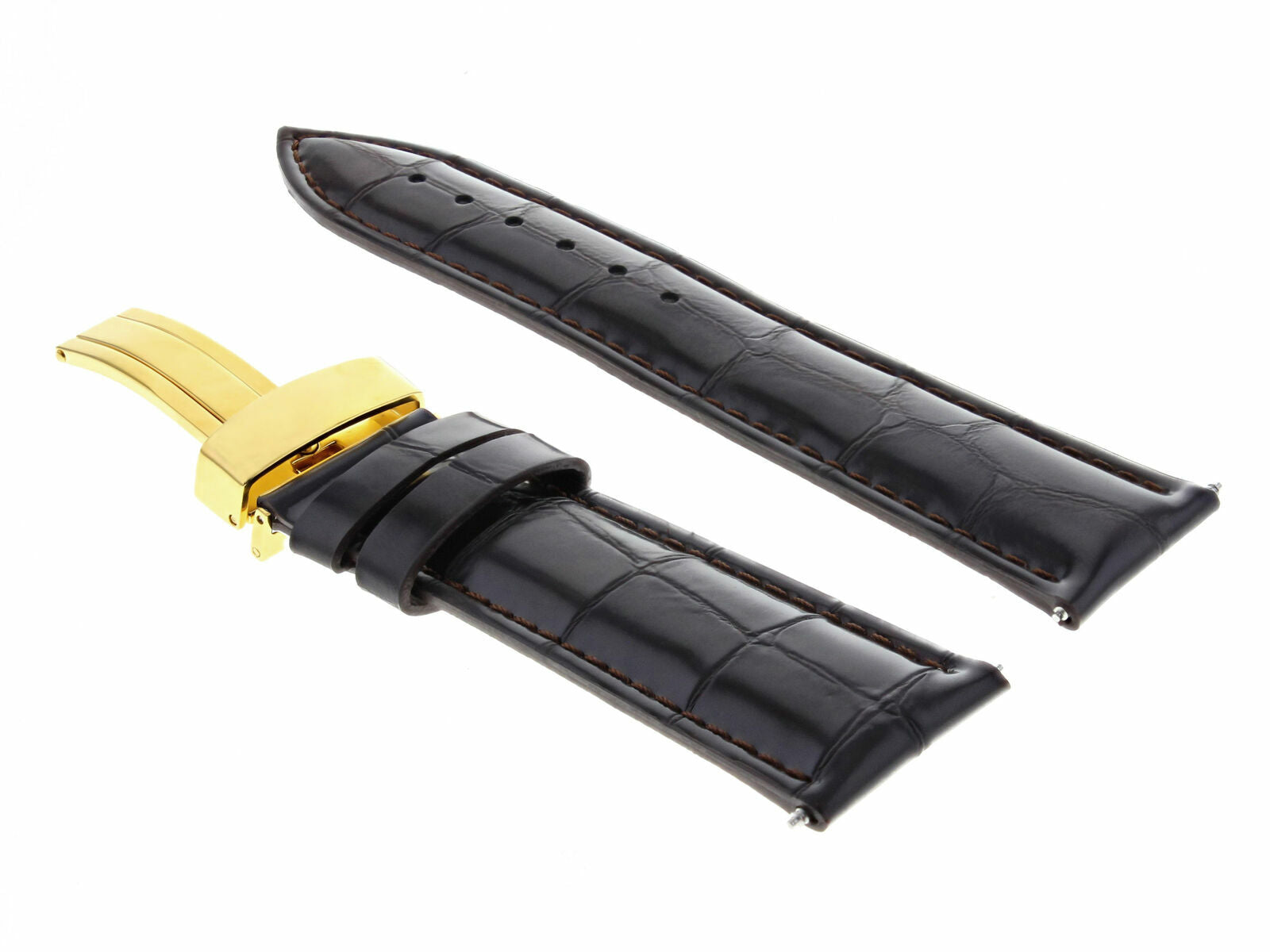 22MM LEATHER WATCH STRAP BAND FOR OMEGA SEAMASTER PLANET CLASP DARK BROWN GOLD