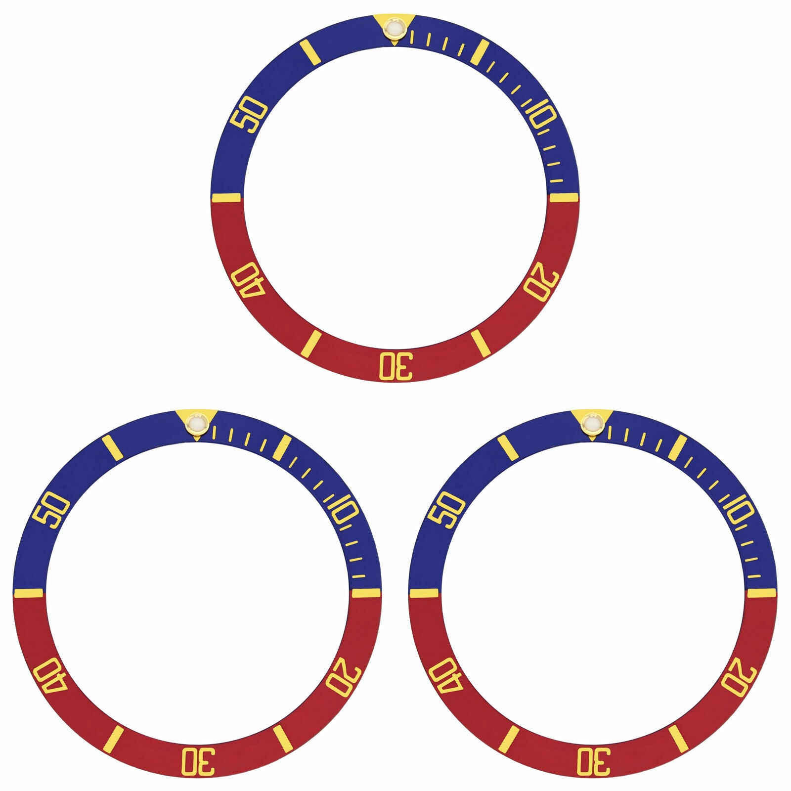 3 BEZEL INSERT FOR ROLEX SUBMARINER 5508 5512 5513 1680 BLUE/RED PEPSI GOLD FONT