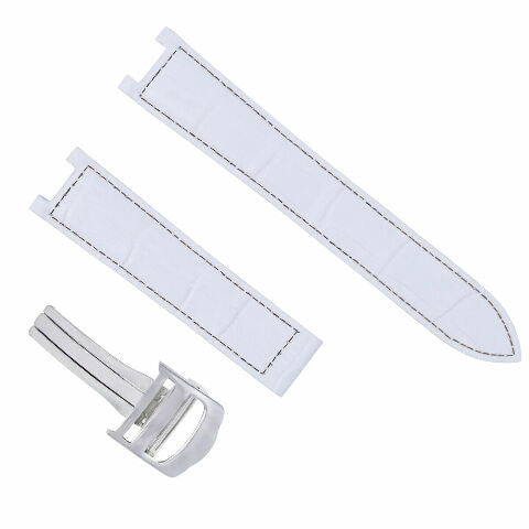 18MM LEATHER STRAP BAND FOR 35MM CARTIER PASHA 2324 WATCH DEPLOYMENT CLASP WHITE