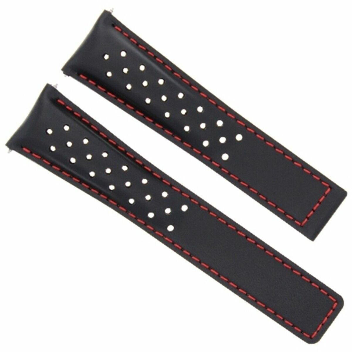LEATHER WATCH BAND 22MM FOR TAG HEUER MONACO CARRERA BLACK RED STITCH PERFORATED