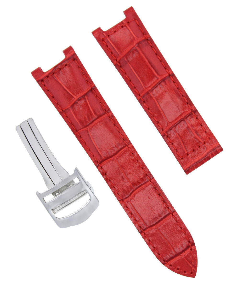 LEATHER WATCH STRAP FOR FIT 35MM CARTIER PASHA 2475  DEPLOYMENT CLASP 18MM RED